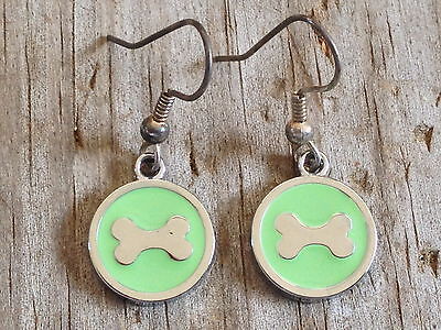 Light Pale Green Dog Bone Imitation Rhodium Plated Enameled Earrings