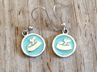 Teal Dog Food Bowl Dish Imitation Rhodium Plated Enameled Earrings