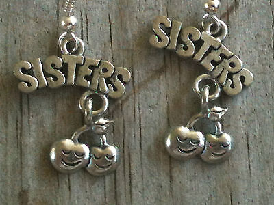 Sisters & Dangling Cherries Silver Plated Lead Free Pewter Earrings