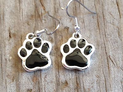Large Black Dog Cat Tiger Paw Print Imitation Rhodium Plated Enameled Earrings