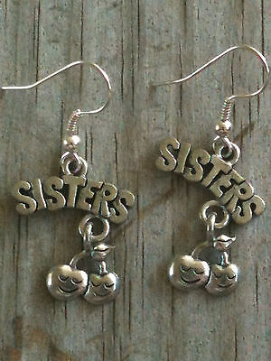 Sisters & Dangling Cherries Silver Plated Lead Free Pewter Earrings