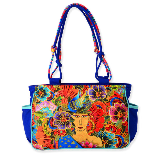Laurel Burch 50th Anniversary Woman & Flowers Shoulder Tote Bag, 15.5"x4"x10"