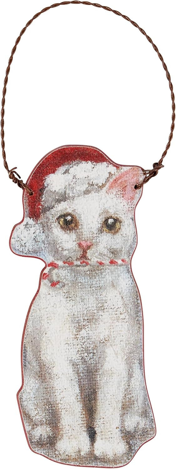 Primitives By Kathy White Cat with Santa Hat and Scarf Wooden Christmas Ornament