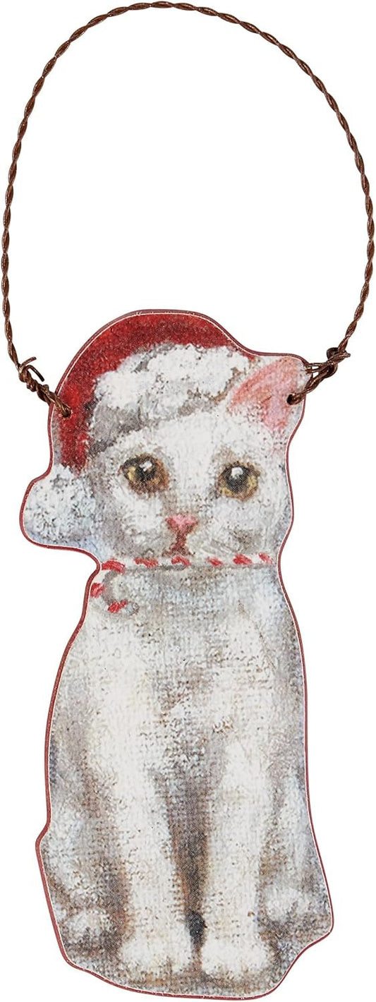 Primitives By Kathy White Cat with Santa Hat and Scarf Wooden Christmas Ornament