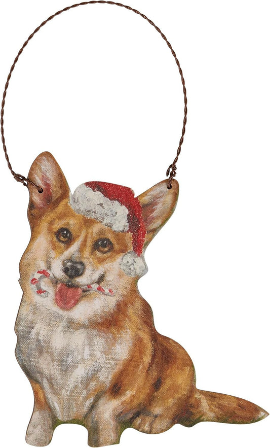 Primitives By Kathy Corgi with Holiday Candy Cane Wooden Christmas Ornament