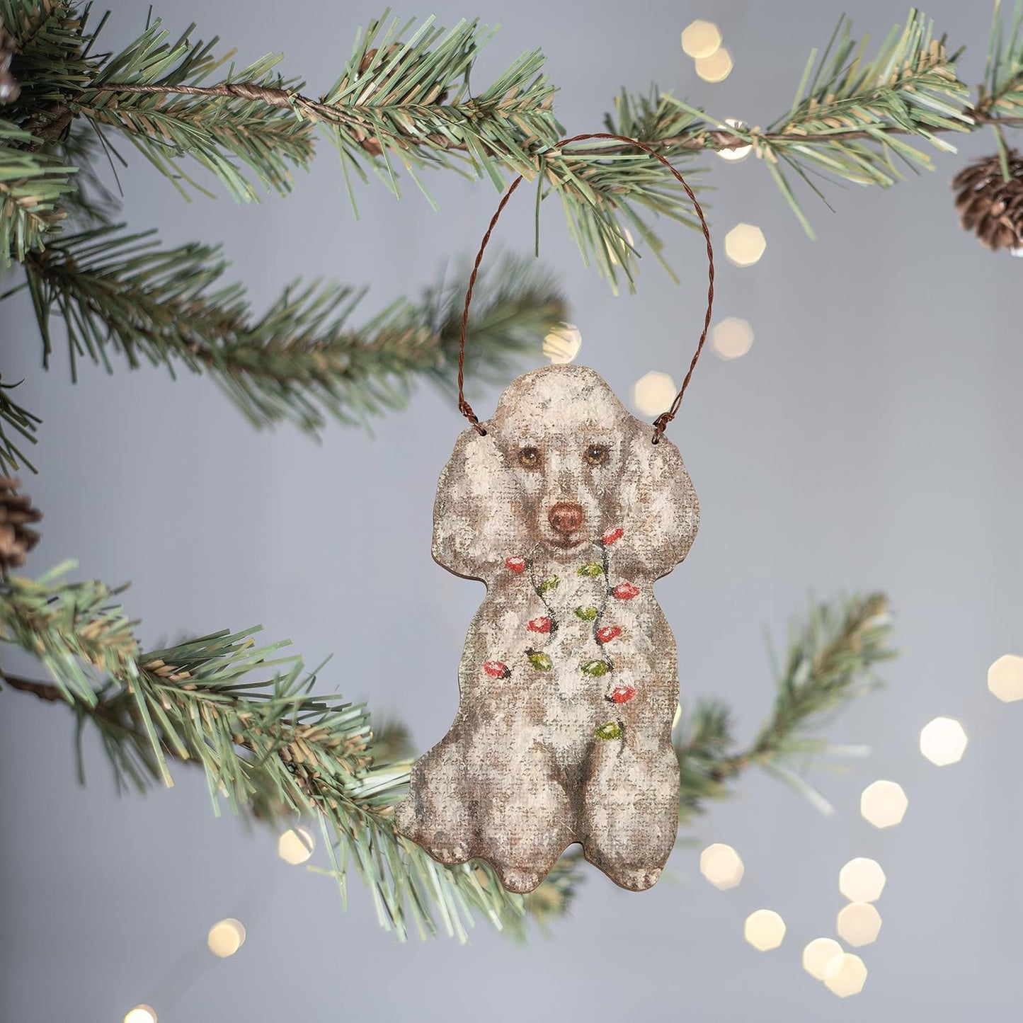 Primitives By Kathy White Poodle with Holiday Lights Wooden Christmas Ornament
