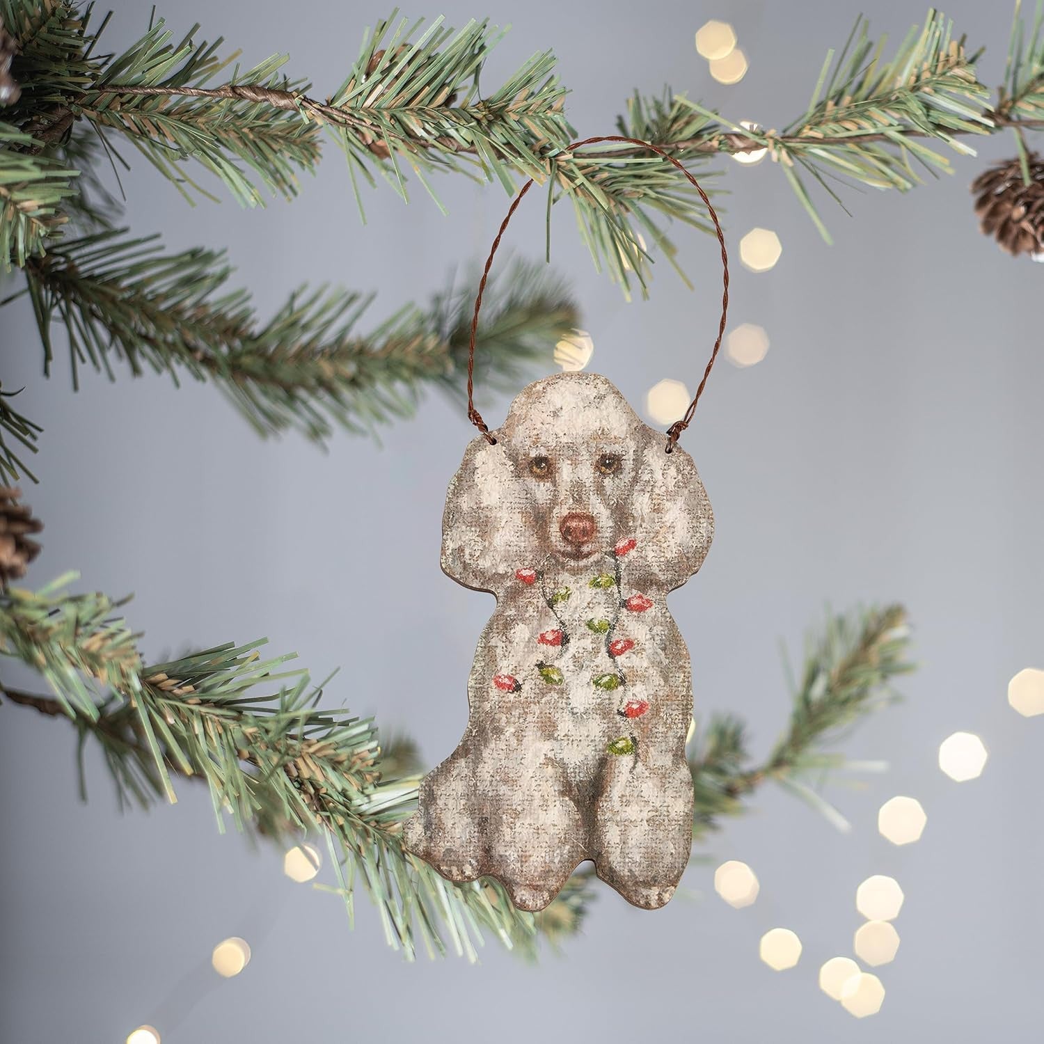 Primitives By Kathy White Poodle with Holiday Lights Wooden Christmas Ornament