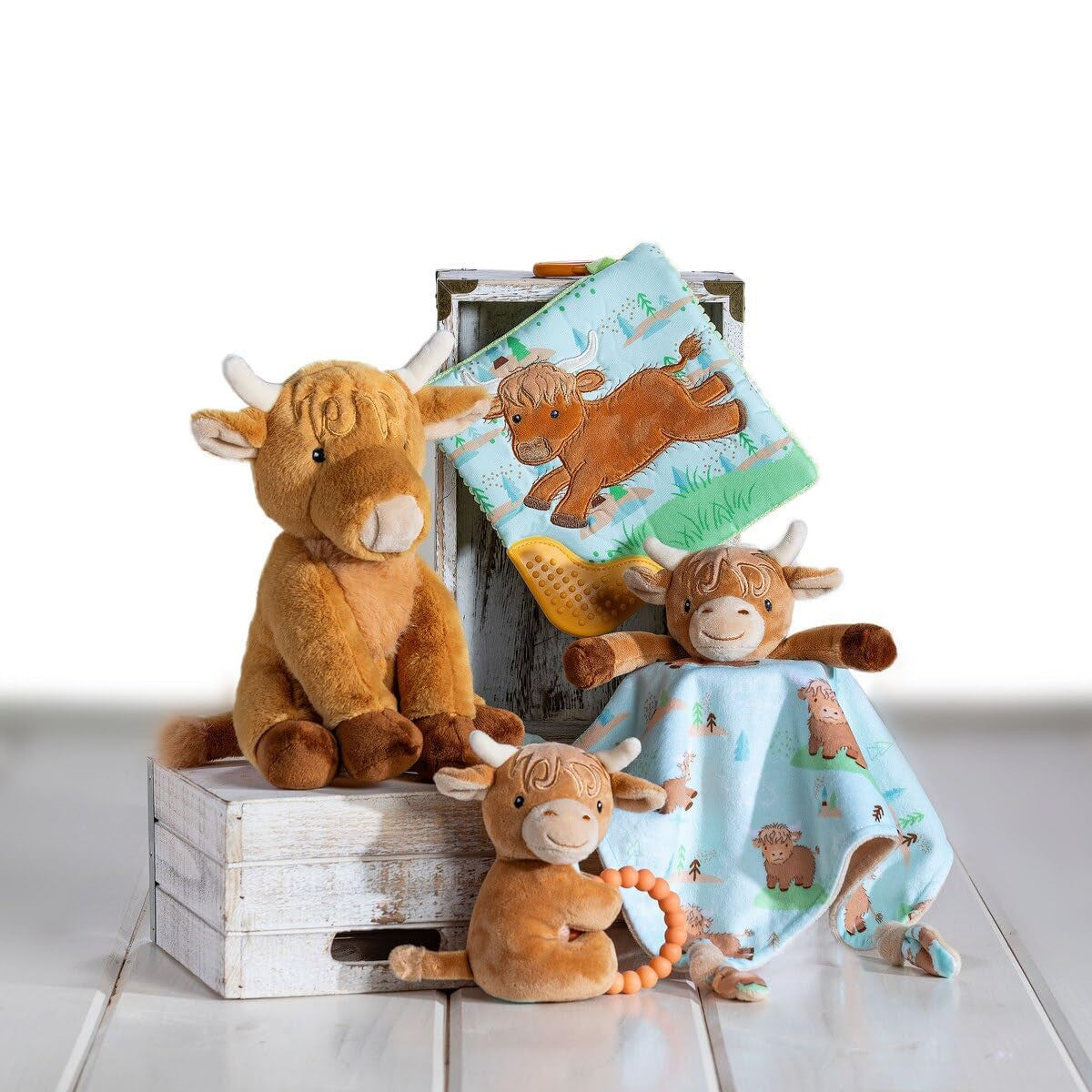 Mary Meyer Soft Baby Rattle with Soothing Teether Ring, 6", Hetty Highland Cow