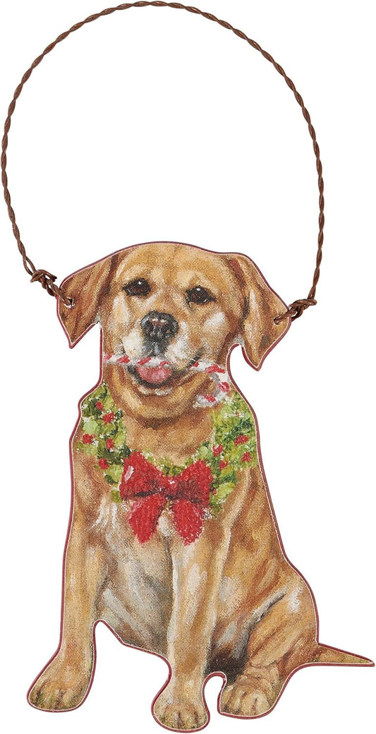 Primitives By Kathy Yellow Lab with Holiday Candy Cane Wooden Christmas Ornament