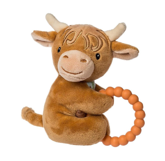 Mary Meyer Soft Baby Rattle with Soothing Teether Ring, 6", Hetty Highland Cow
