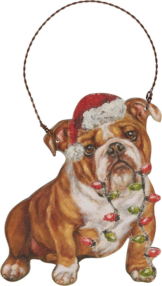 Primitives By Kathy Bulldog with Holiday Lights Wooden Christmas Ornament