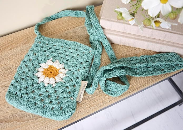 Primitives by Kathy Daisy Crossbody and Straps Feature a Crochet Style, 8 x 6"