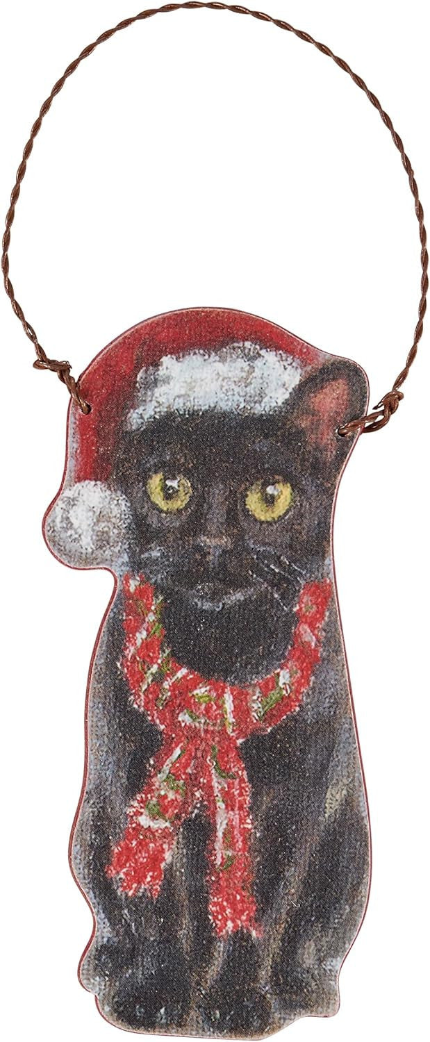 Primitives By Kathy Black Cat with Santa Hat and Scarf Wooden Christmas Ornament