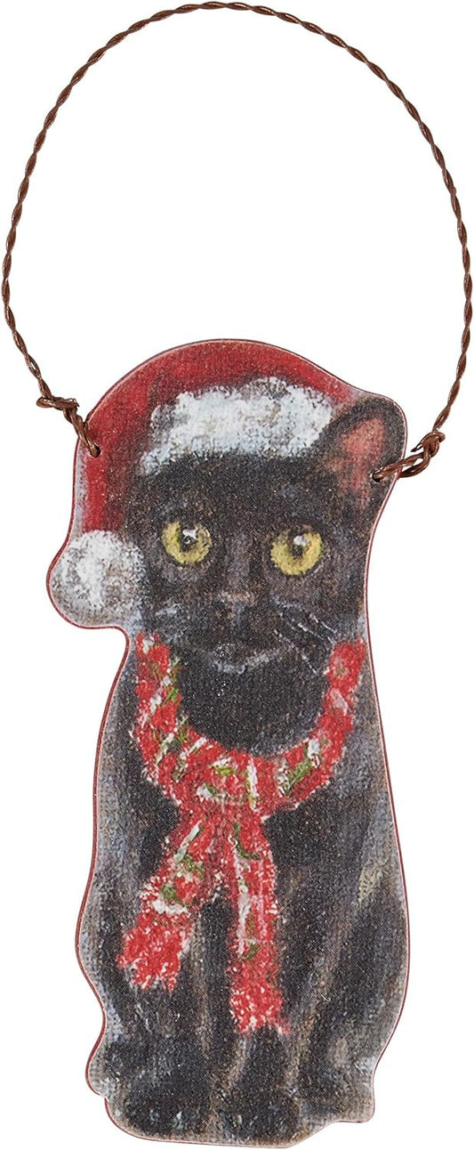 Primitives By Kathy Black Cat with Santa Hat and Scarf Wooden Christmas Ornament