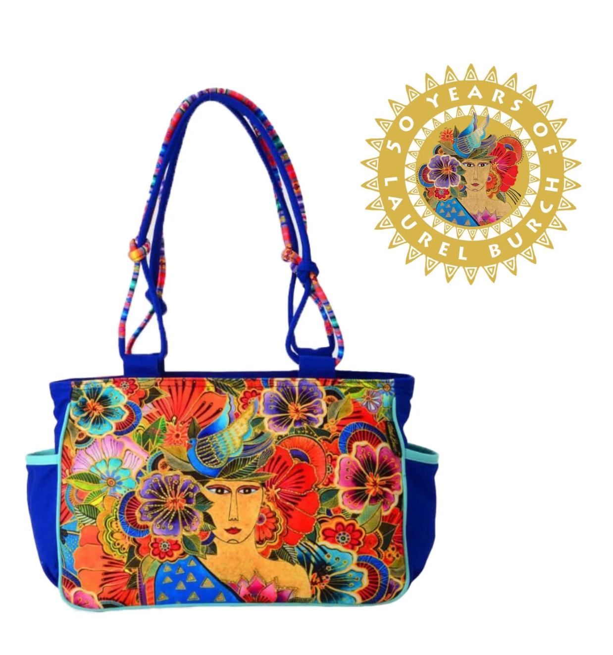 Laurel Burch 50th Anniversary Woman & Flowers Shoulder Tote Bag, 15.5"x4"x10"